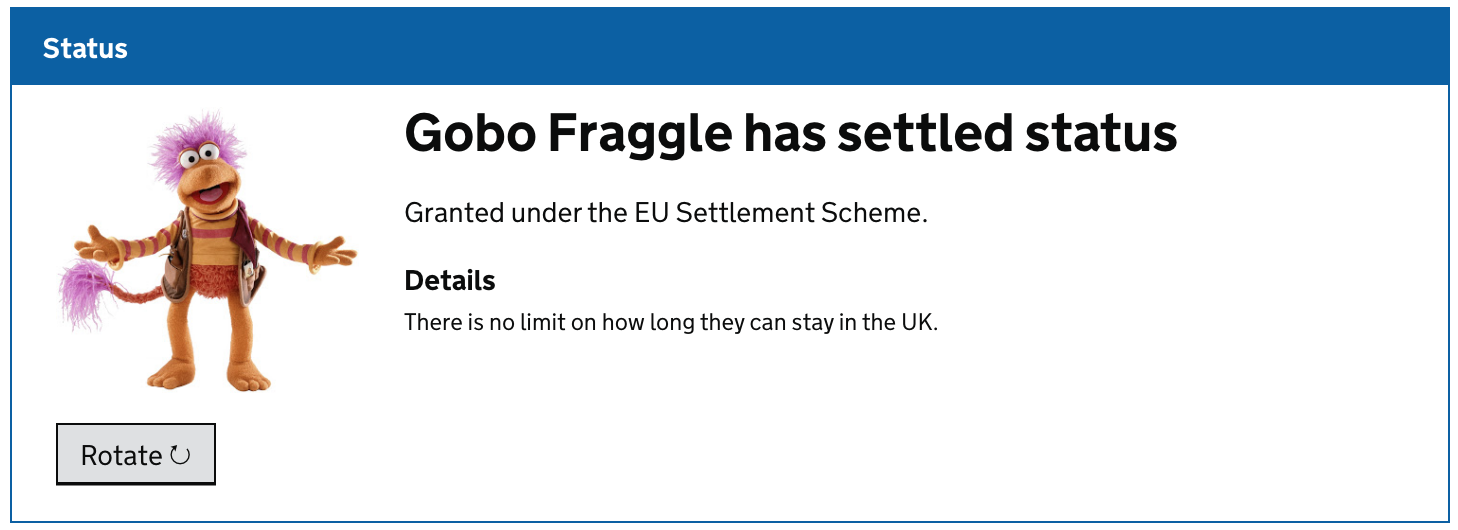 screenshot with a picture of Gobo Fraggle stating he has settled status
