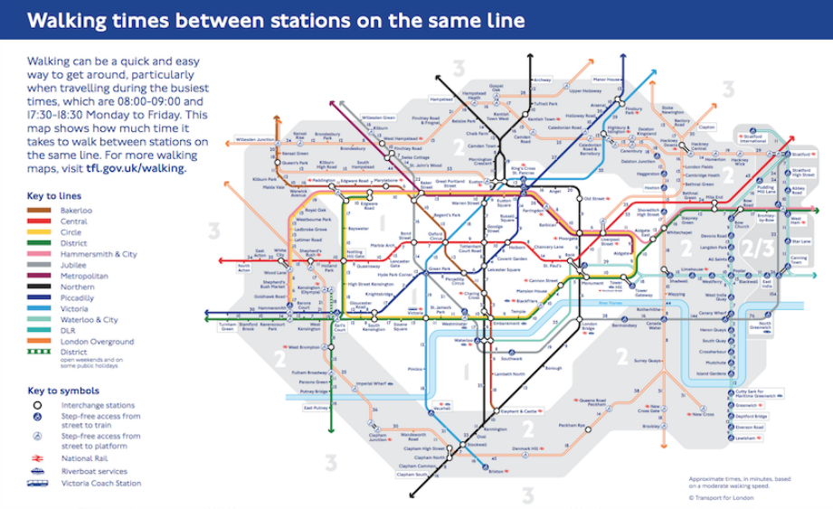 map of London Tube with number of minutes to walk from one station to the next on the same line
