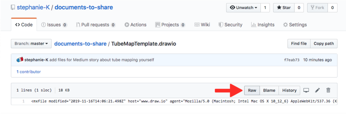 screenshot of github repo showing the raw button with a red arrow