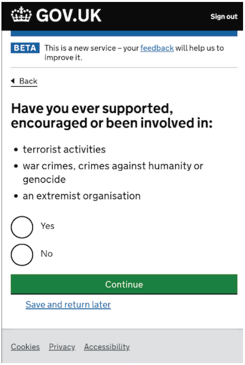 screenshot of the page asking if you have supported, encouraged or been involved in terrorism, war crimes, or extremist org.