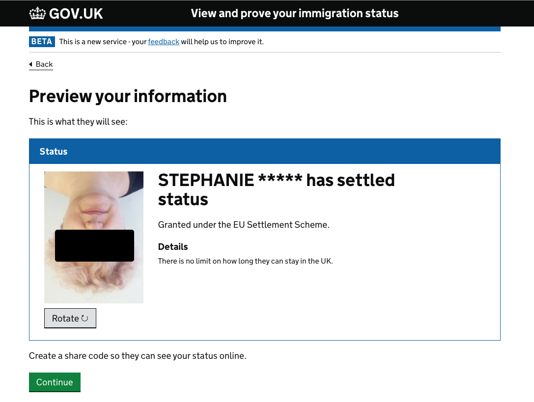 similar screenshot with photo ID and my full name with mention 'has settled status'