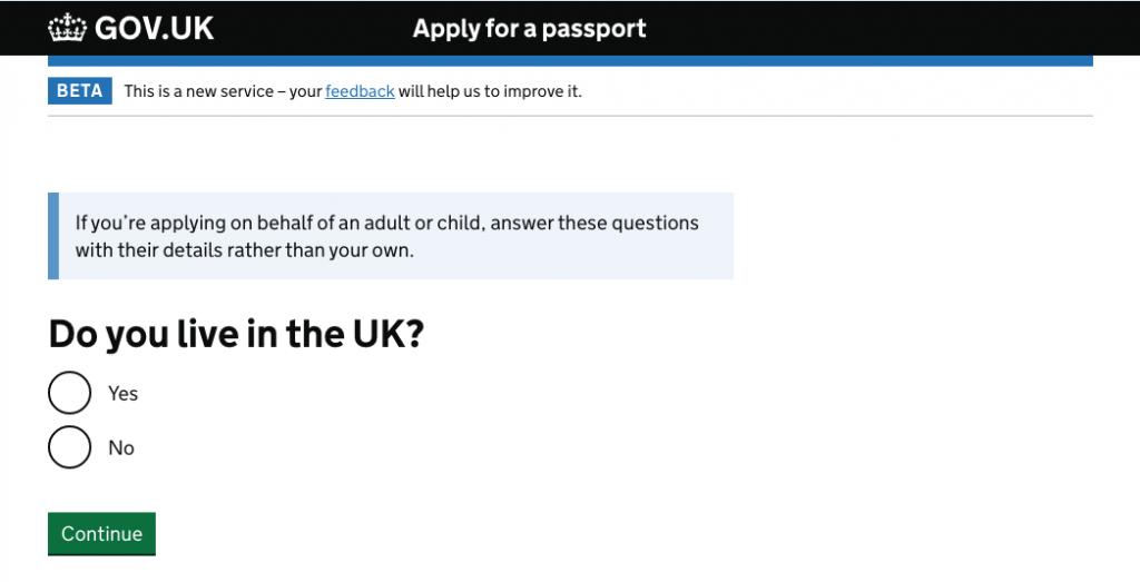 apply for a passport page, as a green button with the text 'Continue'