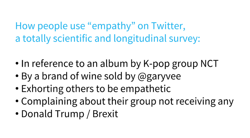 5 different us os the word “empathy” on Twitter. Can be read in the slides. it’s slide 15