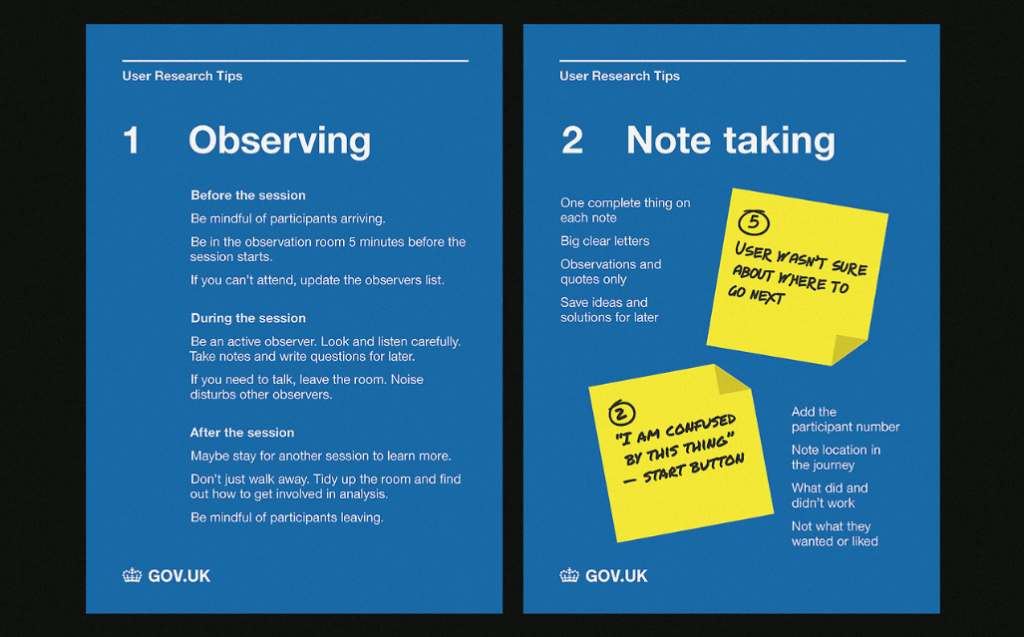 poster with guidance about how to observe and take note doing user research session by GDS