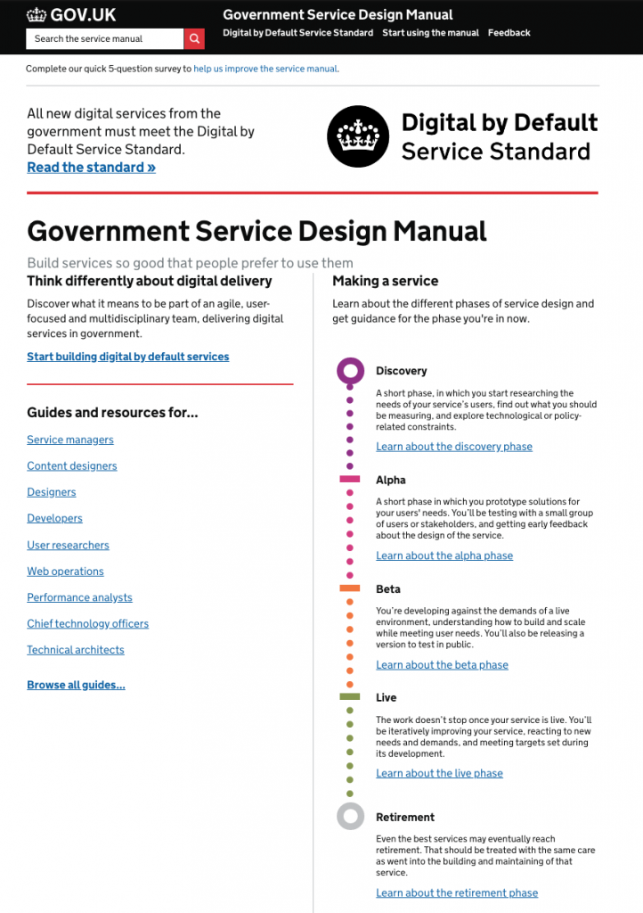 Screenshot of the homepage of the service manual in October 2016 with the delivery phases