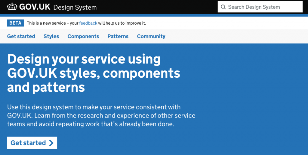 header of the GOV.UK Design System showing the menu items: Get started - styles - components - patterns - community