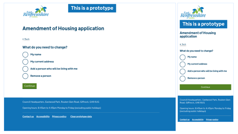 example of using the prototype with a different branding: desktop view and mobile view of a prototype for a council