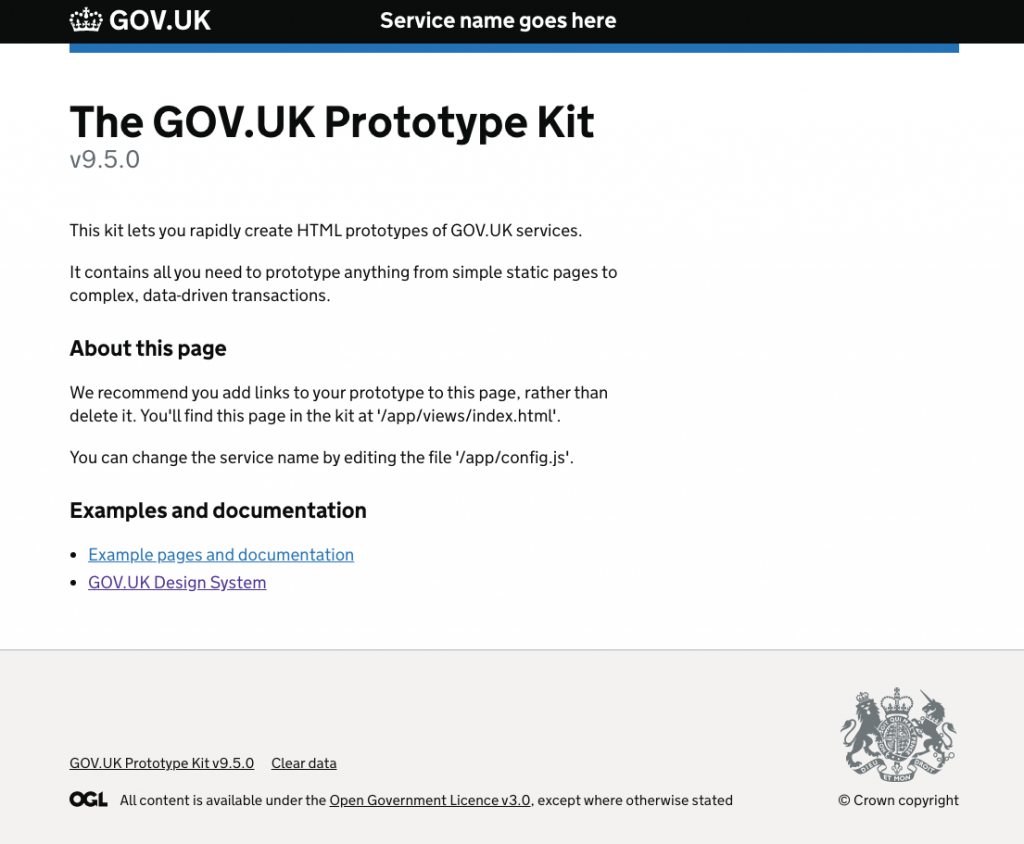 screenshot of the window on localhost:3000 showing the home page of the GOV.UK Protoype Kit