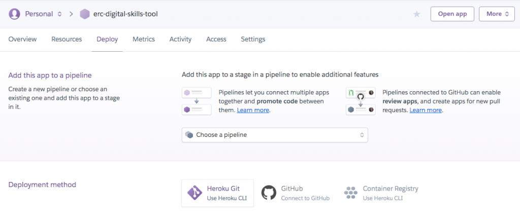 screenshot of Heroku showing the deployment method