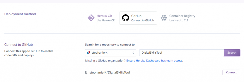 screenshot of the Heroku window once you have found your repository

