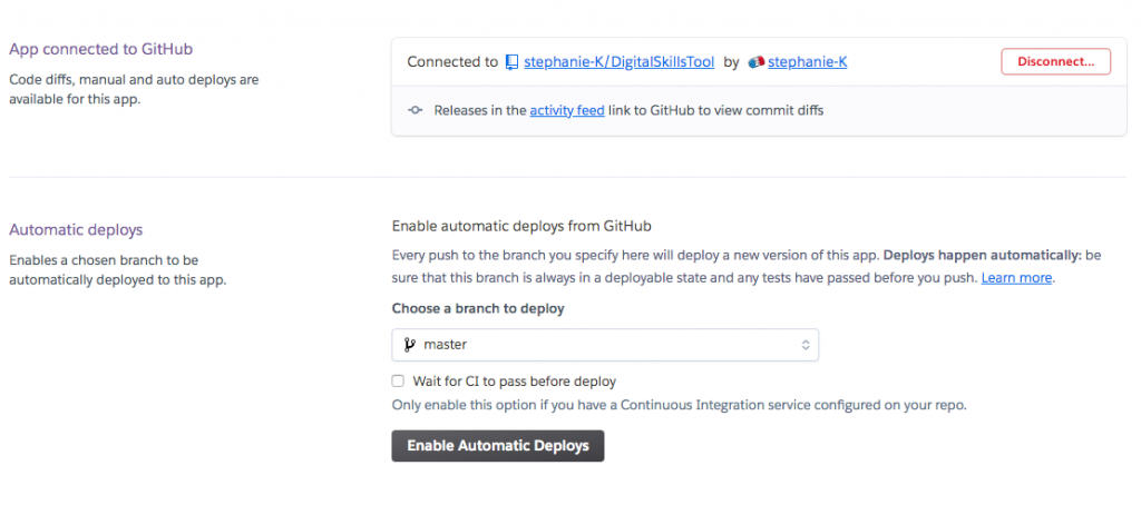 screenshot showing the page to set automatic deployments