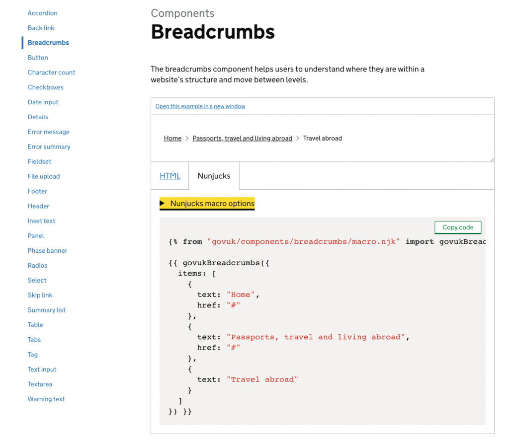 showing the GDS design system component for the breadcrumbs and the code displayed on that page