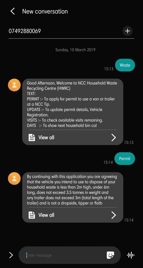 Screenshot of texts while using the chatbot on a phone