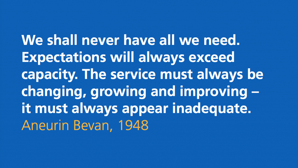 slide stating: we shall never have all we need. Expectations will always exceed capacity. The service must always be changing, growing and improving - it must always appear inadequate, quote from Aneurin Bevan, 1948.