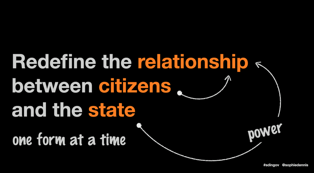 slide stating: redefine the relationship between cistizens and the state, one form at a time