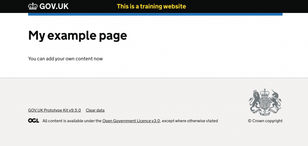 screenshot of a basic page, with black header and crown logo , a big title saying "My example page" and the GOKUK grey footer