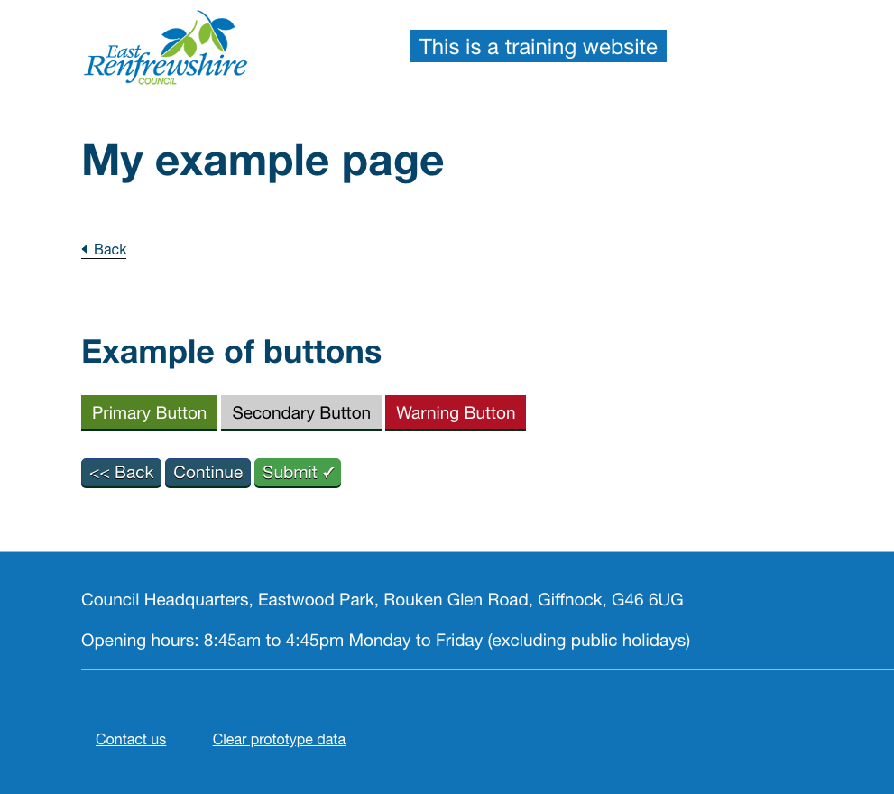 example of a page for the council, customised, with the council logo at the top left, some example of different buttons and a blue footer