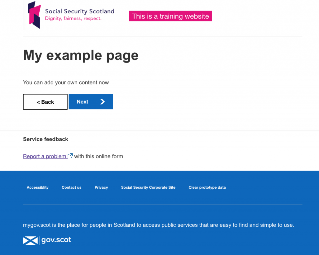 screenshot of a template page with the Social Security Scotland logo at the top left, specific button and feedback and a blue footer