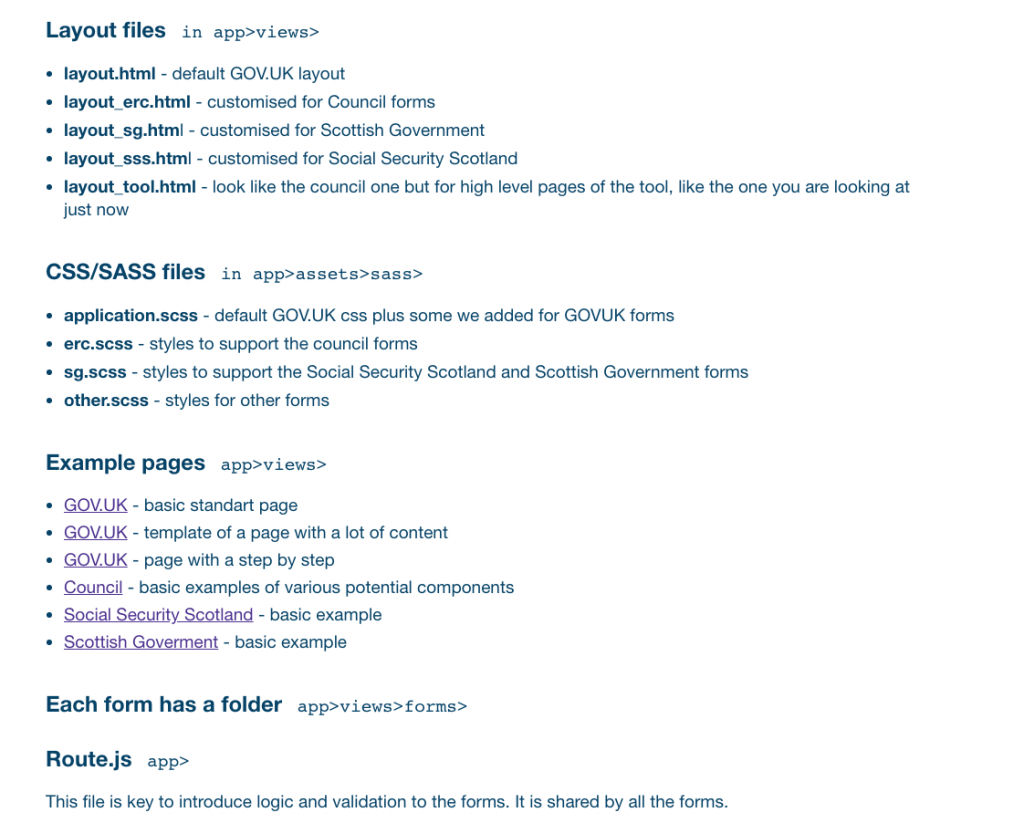 screenshot of the page mentioned, with the list of various layout files created for various bodies (council, Scottish Government, Social Security Scotland) also show the name of the CSS files associated and link to some example pages.