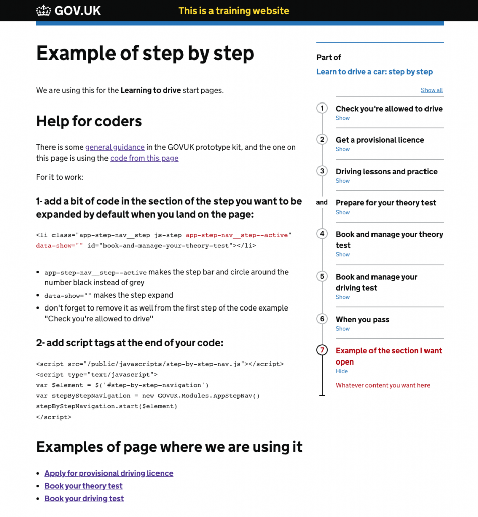 Screenshot of a page explaining how to code the step by step pattern. you can see this page as the example page in the tool.