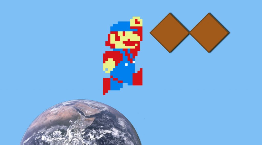 the Earth with a little pixelated   Mario jumping to a double diamond