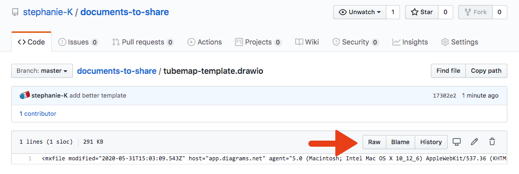 screenshot of github repo showing the raw button with a red arrow