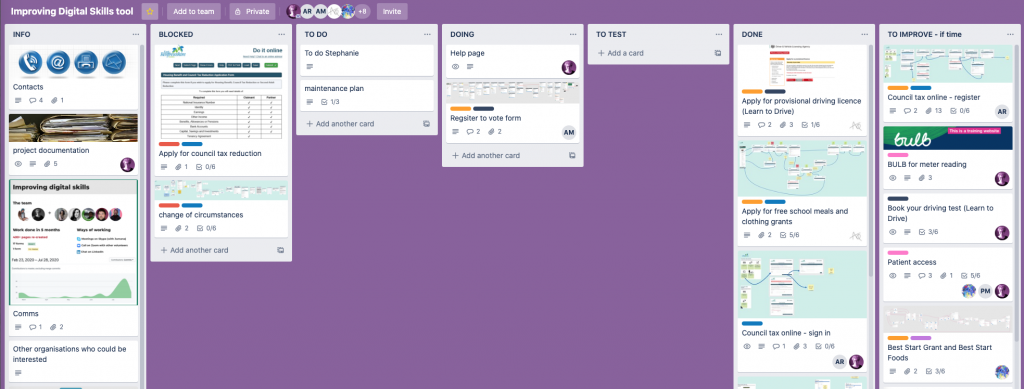 Trello board showing card in various column: info, blocked, to do, doing, to test, done, to improve if time.