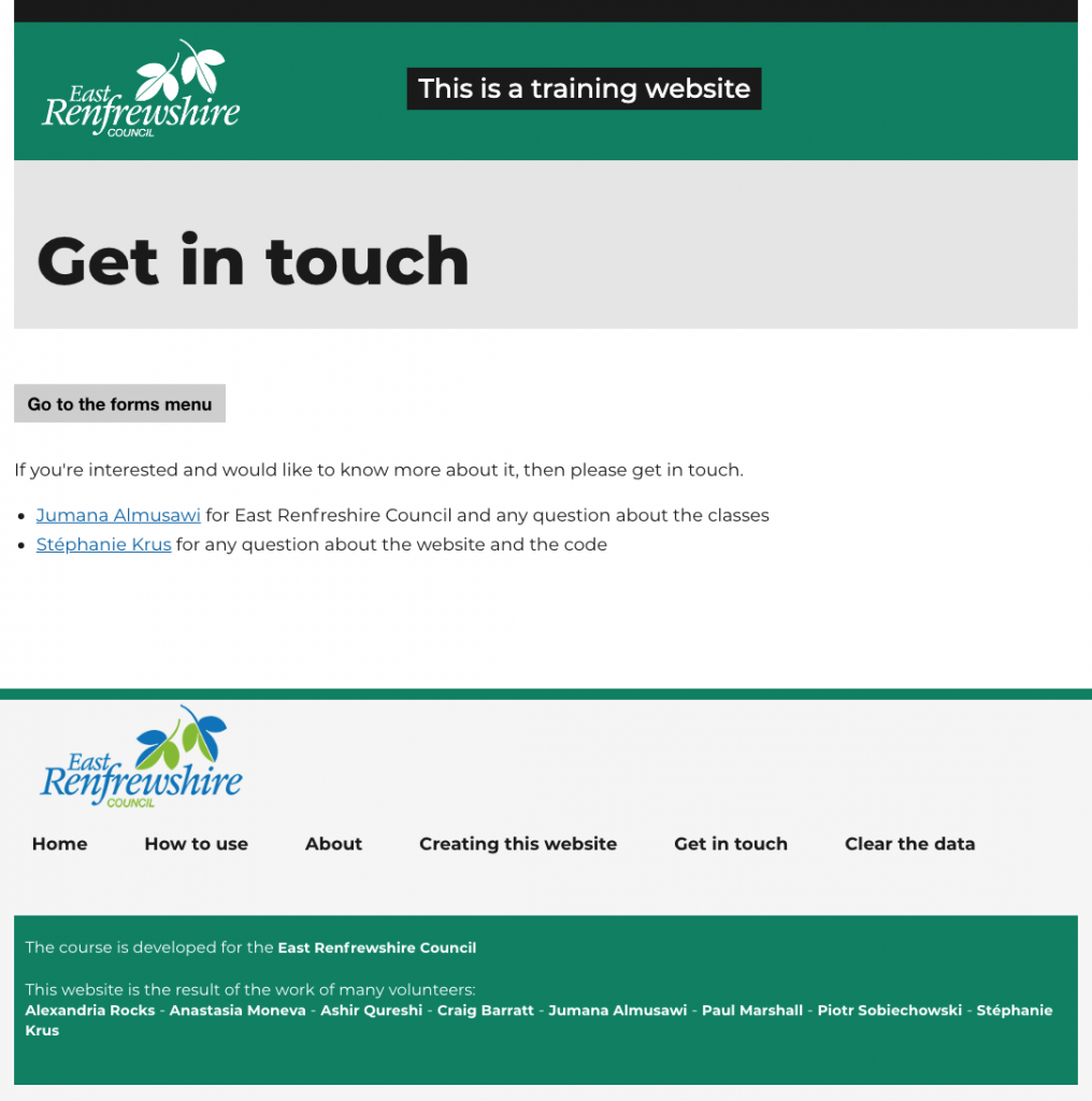 same page for get in touch, this time the top logo is white, the header is green and the footer is a pale grey