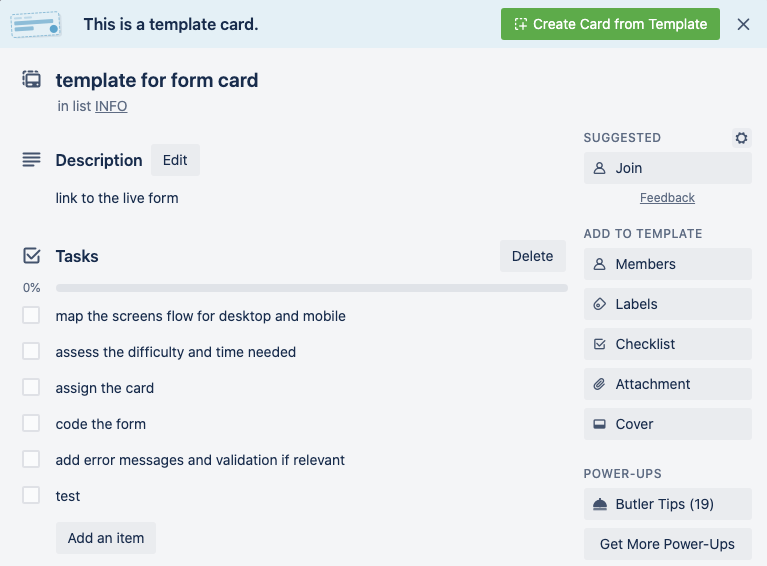 screenshot of a Trello card template, with the list of tasks to do as check boxes

