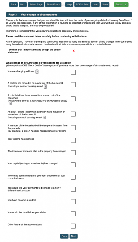 screenshot of page number 3 about change in circumstances, with a long list of statement to tick if you have changed address, someone moved in or out, you became a student etc...
