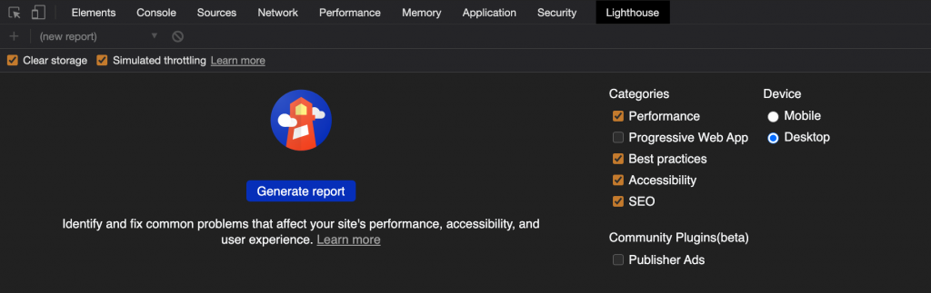 screenshot of the audit functionality of the Chrome Devtools in dark mode