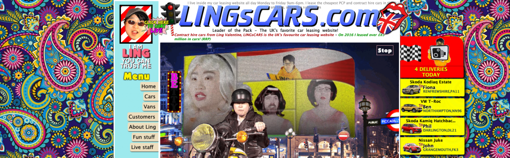 screenshot of the website Lingscars.com . There is text, drawings pictures everywhere, very flashy colours, different fonts, everything is competing for your attention