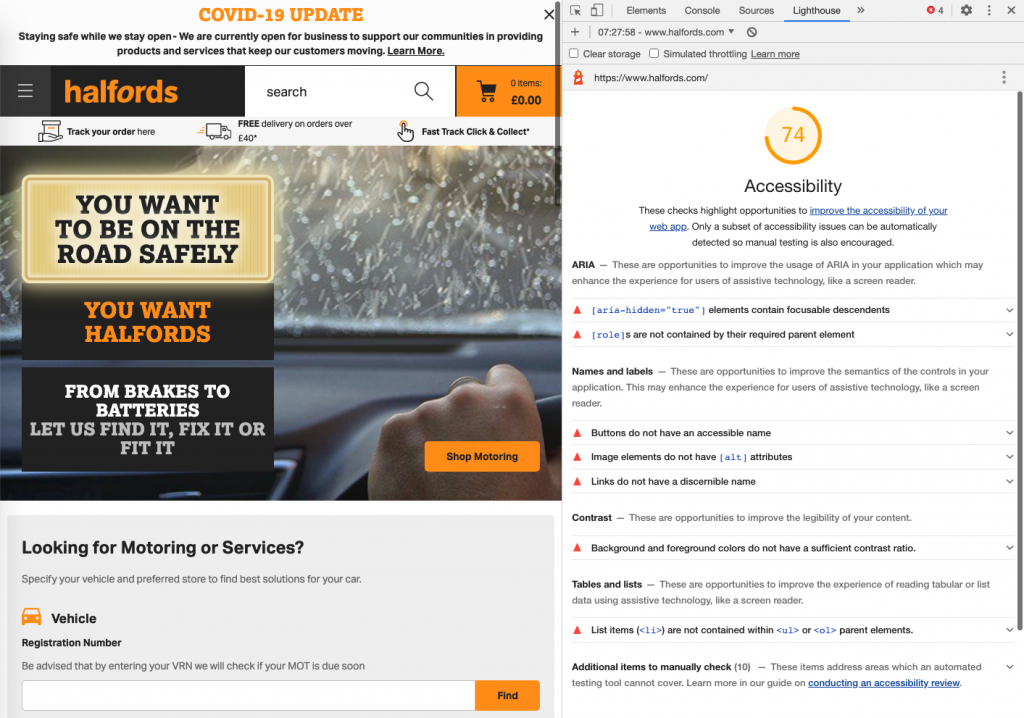 screenshot showing the report in the dock on the right part and halford homepage on the left. There is a list of warnings in the report stating the issues