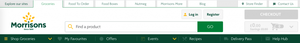 screenshot of the banner and top menu bars from Morrisons, some icons are light green on dark green and very hard to notice.