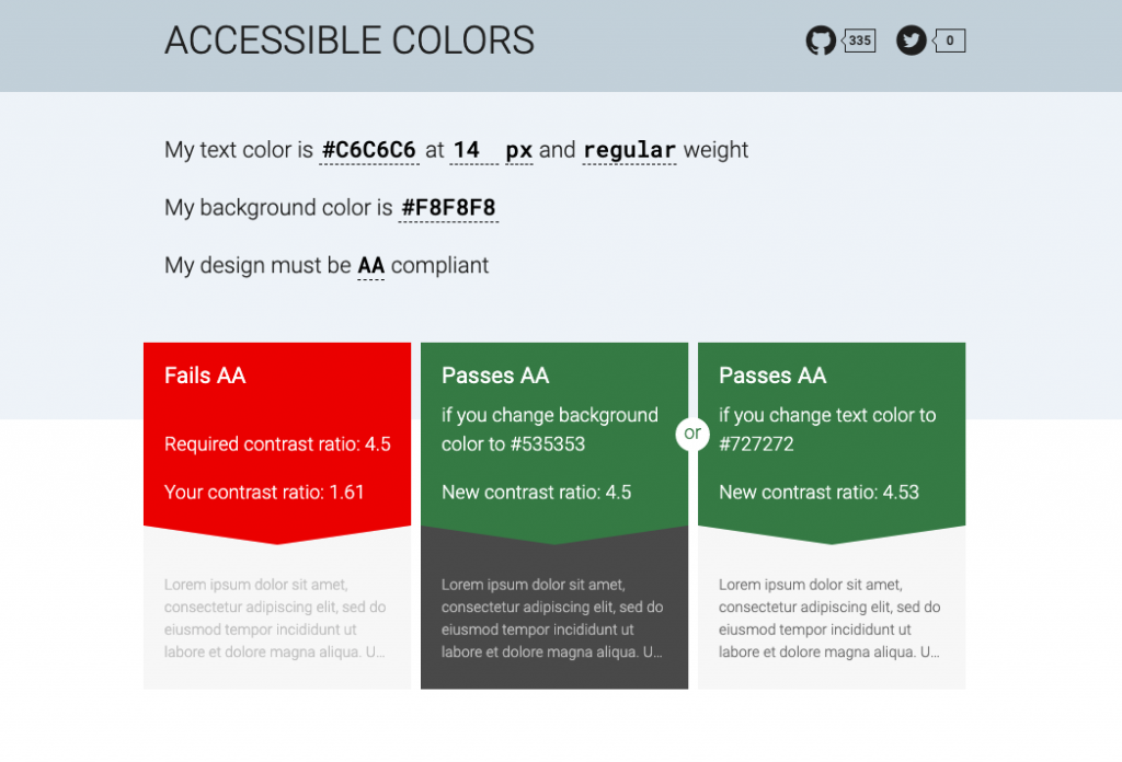 Screenshot of the same tool but this time the result is a fails, there is suggestions on screen with the colour code that would help you reach the AA standard.