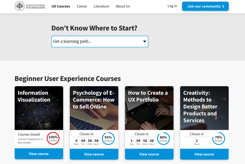 screenshot of the Interaction Design Foundation homepage with a learning path and some illustration of 4 beginner User Experience Courses