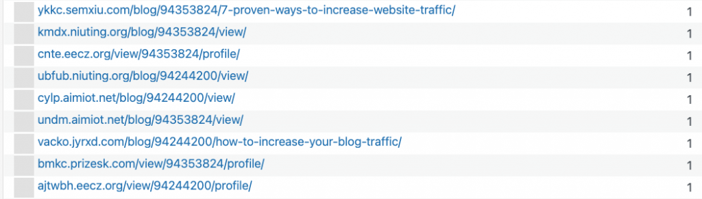 screenshot of url where the format is a weird succession of letters then .org or .net then /view or /blog, then digits and then /view or /profile. Some even end with how-to-increase-your-blog-traffic