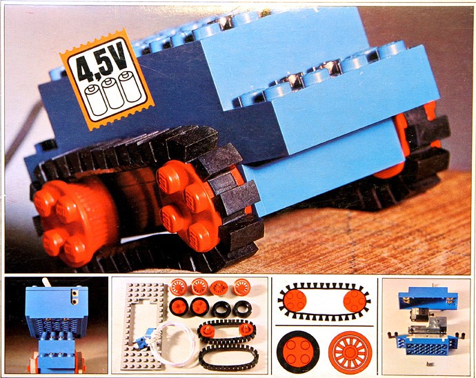 blue vehicle with various wheels and tyre shapes to fit them, one image on the box show the inside part of the blue engine