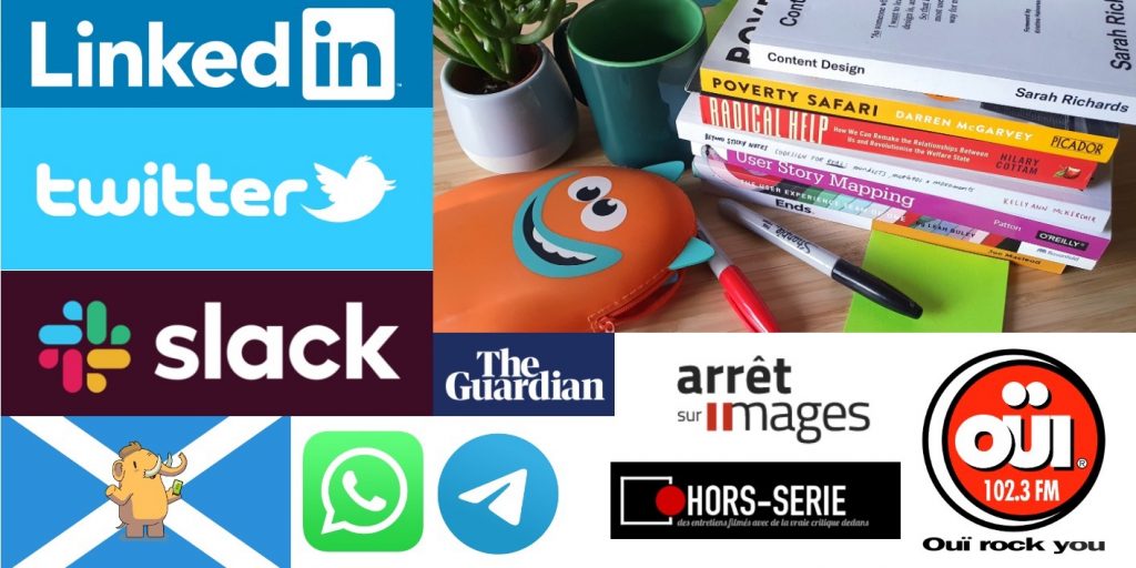 photo of a piles of books, and logos of linkedIn, Twitter, Slack, Mastodon for the Scottish instance, WhatsApp, Telegram, Arrêt sur images, Hors Serie and oüiFM