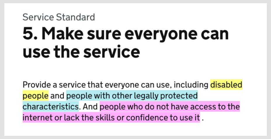 screenshot of the point 5 of the service standard which says: Provide a service that everyone can use, including disabled people and people with other legally protected characteristics. And people who do not have access to the internet or lack the skills or confidence to use it. The 3 groups are highlighted in different colours: disabled people, people with protected characteristics and those who can’t use internet