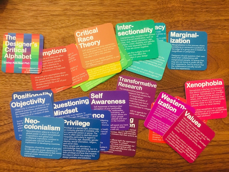 Rainbow colourful square-shape card, each with a big heading for the concept and text underneath to describe that concept like intersectionality, values, self awareness, xenophobia for example