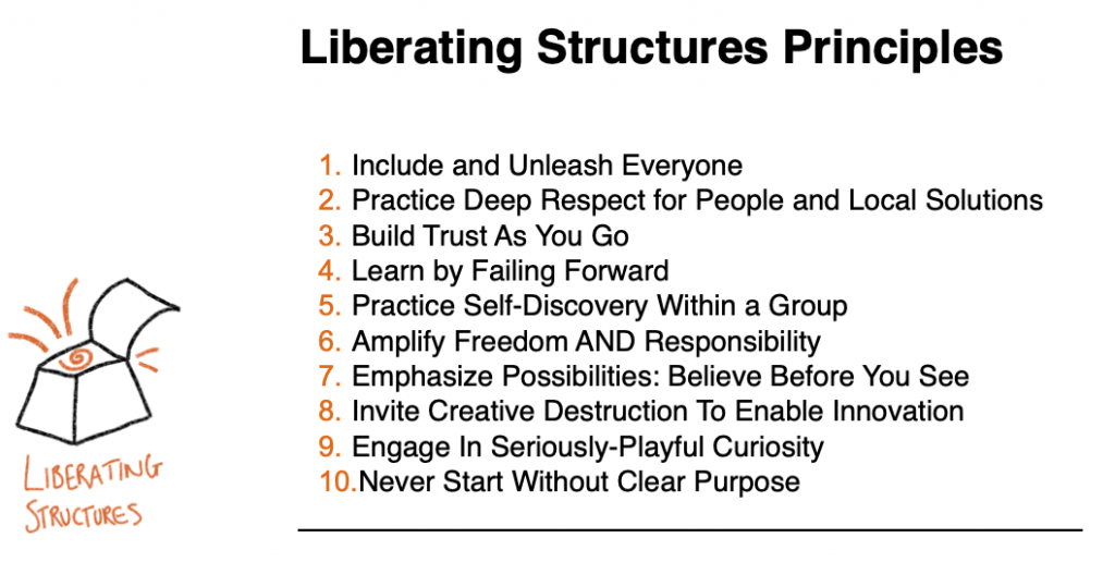10 Principles
1. Include and unleash everyone
2. Practice deep respect for people and local solutions
3. Build trust as you go
4. Learn by failing forward
5. Practice self-discovery within a group
6. Amplify freedom and responsibility
7. Emphasise possibilities: believe before you see
8. Invite creative destruction to enable innovation
9. Engage in seriously-playful curiosity
10. Never start without a clear purpose(s)