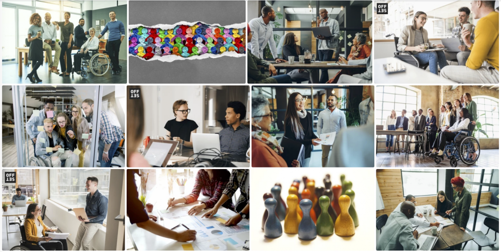 collage of 12 images illustrating workplace inclusion with people smiling and looking happy in modern looking office space, half the images have one person sitting in a wheelchair