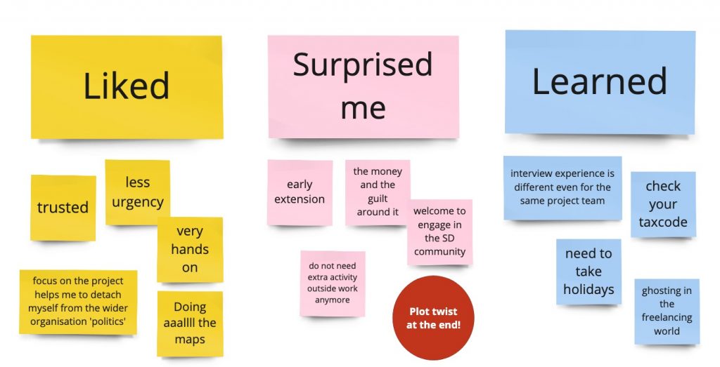 stickies notes under 3 categories: liked, surprised me, learned - other posting under these headings are summaries of what I develop in the post, with one red stickie saying: plot twist at the end!