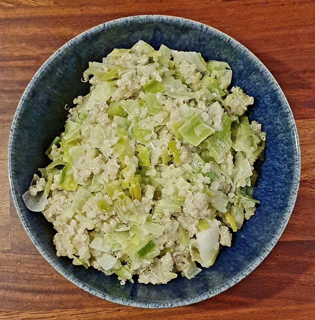 dark blue bowl with quinoa and leak pieces