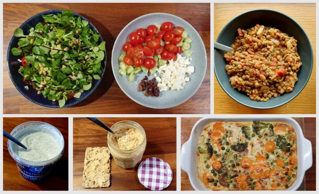 collage of food: two plates with salade, feta cheese, cherry tomatoes, cucumber and olives, one bowl of lentils, a dish with carrots, peas and brocoli brought together with an omelet-looking-dough, a plastic pot with white dip in it and a spoon, a slice of toast with some orangy spread on it next to a pot of the same spread