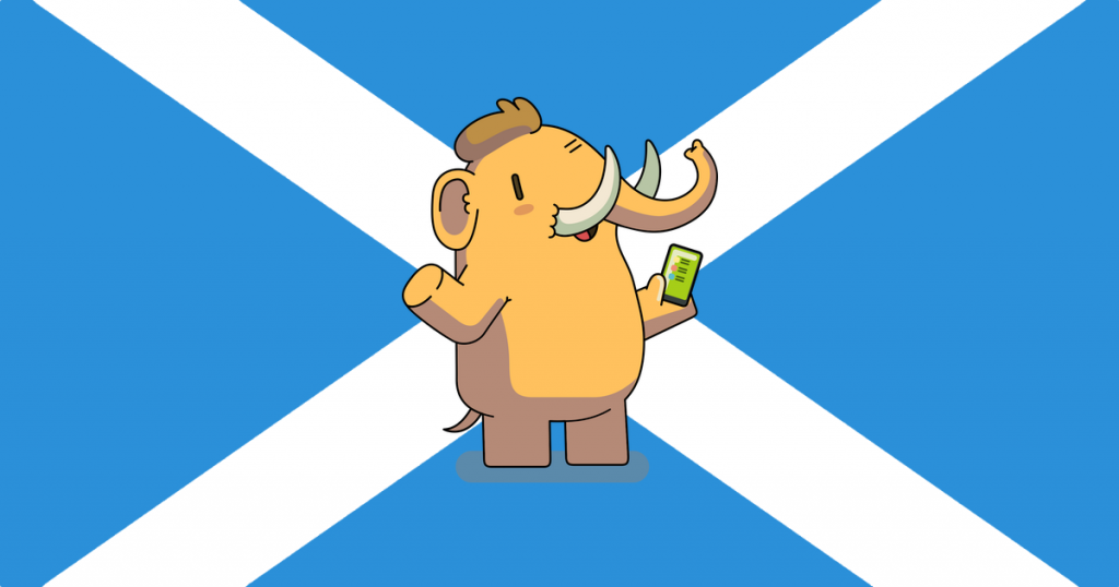 saltire flag with an illustration of a mammoth using a mobile