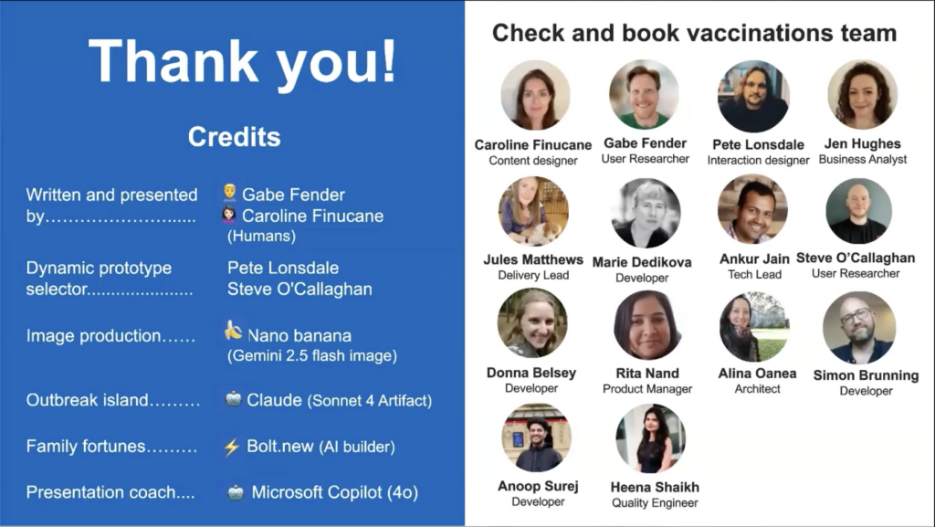  slide in 2 parts: on the right, you have round photos, names and job titles of the 'check and book vaccinations' team, and on the left, you have a big thank you and underneath they credit people who contributed to the presentation, like the family fortune game for example
