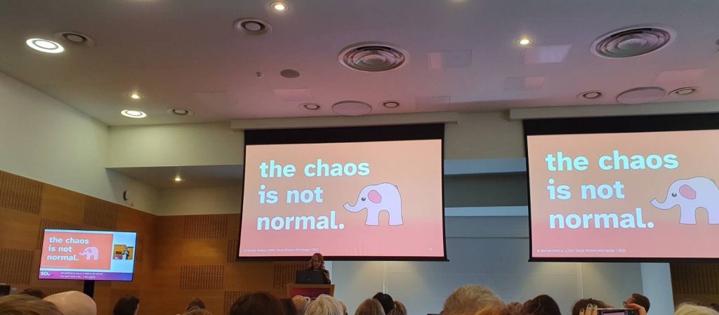 Rachael is standing behind the pedestal, in front of the audience and behind her there are 2 big screens and a smaller one on the side with the same orange-red slide showing a pink elephant and the text: the chaos is not normal