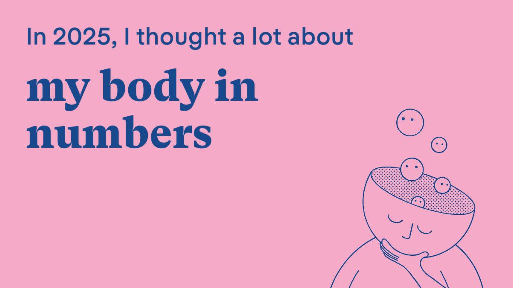 pink poster with an illustration showing a person thinking and the text: in 2025, I thought a lot about my body in numbers